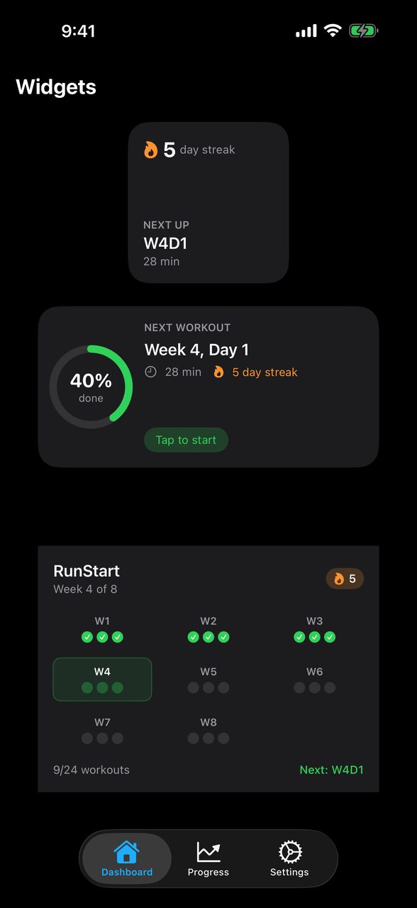 Home Screen widgets showing the next workout